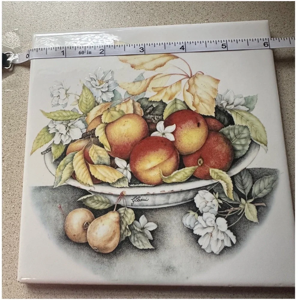 Glasini Vintage Ceramic Fruit Still Life Decorative Tile Cork Backed 6x6 EUC